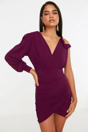 Trendyol Plum Shiny Stone Knitted Stylish Mini Evening Dress