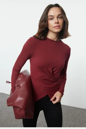 Trendyol Burgundy Double Breasted Gathered/Drape Detailed Slim/Fits Body Knitted Blouse
