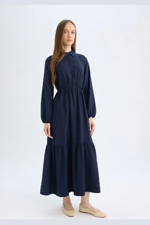 DeFacto Shirt Collar Basic Plain Buttoned Waist Gathered Long Sleeve Maxi Navy Blue Dress