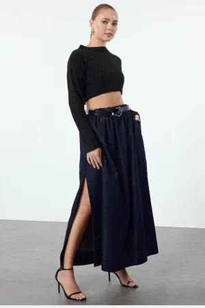 Trendyol Navy Blue Slit Elastic Waist High Waist Maxi Denim Balloon Skirt