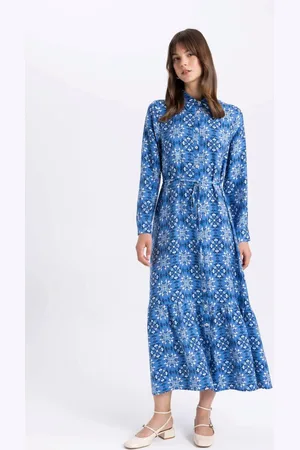 DeFacto Shirt Collar Patterned Long Sleeve Basic Maxi Dress