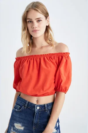 DeFacto Crop Basic Open Shoulder Half Sleeve Linen Look Basic Blouse