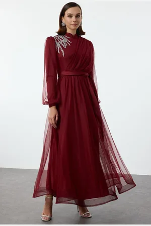 Trendyol Burgundy Stone Accessory Tulle Evening Dress