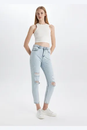 DeFacto Lina Mom Fit High Waist Relaxed Fit Light Skinny Leg Ankle Length Jean Washed Trousers