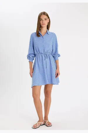 DeFacto Shirt Collar Gingham Buttoned Waist Tie Seersucker Textured Long Sleeve Mini Dress