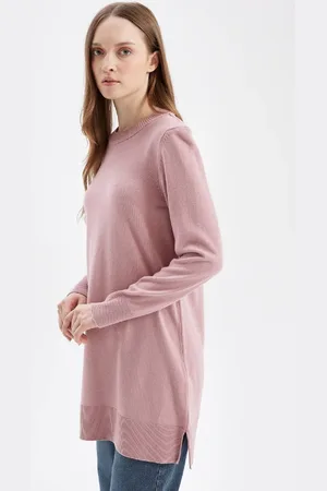DeFacto Regular Fit Crew Neck Slit Basic Plain Knitwear Sweater Tunic