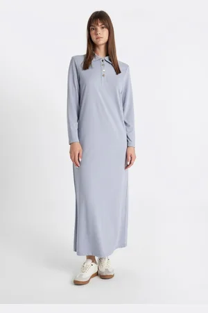 DeFacto Regular Fit Buttoned Polo Neck Basic Plain Long Sleeve Pique Maxi Dress