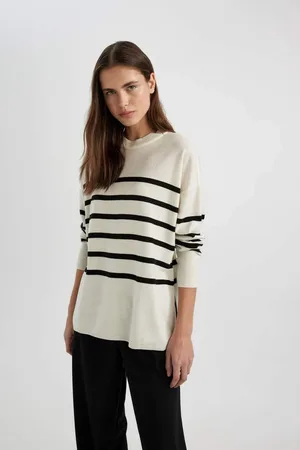 DeFacto Relax Fit Soft Texture Striped Crew Neck Basic Plain Sweater Tunic