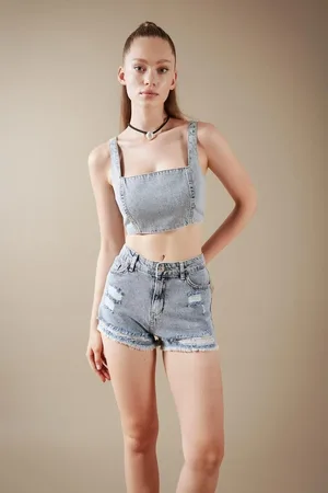 DeFacto Crop Square Neck 100% Cotton Jean Blouse