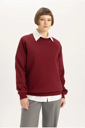 DeFacto Oversize Fit Wide Mold Crew Neck Thick Basic Plain Casual Claret Red Sweatshirt