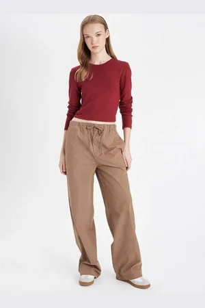 DeFacto Cool Poplin Trousers Straight Fit Basic Plain Pocket Elastic Waist Tie