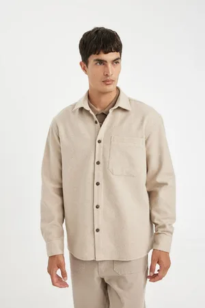 DeFacto Beige Regular Fit Regular Cut Polo Collar Plain Cotton Blend Long Sleeve Shirt