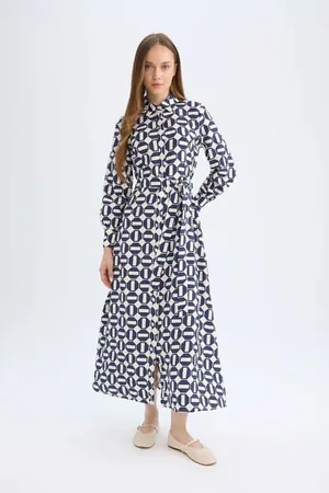 DeFacto Shirt Collar Patterned Buttoned Belted Long Sleeve Maxi Dress