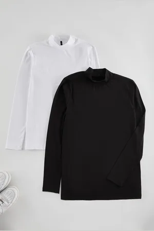 Trendyol Curve Black-White 100% Cotton Regular Stand Collar Long Sleeve 2-Pack Knitted Plus Size T-shirt