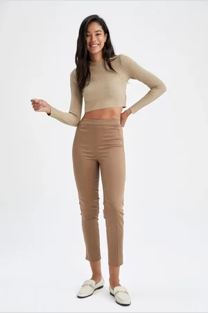 DeFacto Valentina Cigarette Satin Pants Normal Waist Basic Straight Elastic Waist Straight Leg