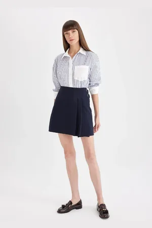 DeFacto Normal Waist Pleated Basic Plain Navy Blue Classic Mini Skirt