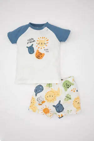 DeFacto Baby Boy 2-Piece Set Safari Printed Combed Cotton Short Sleeve T-Shirt Elastic Waistband Shorts Bottom