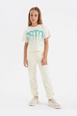 DeFacto Girls Ecru Printed Elastic Waist Leg Pocket Jogger School Sweatpants