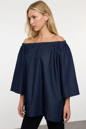 Trendyol Navy Blue Carmen Collar Oversize Denim Blouse