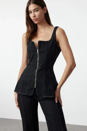 Trendyol Black Stitch Detail Zippered Square Neck Denim Blouse