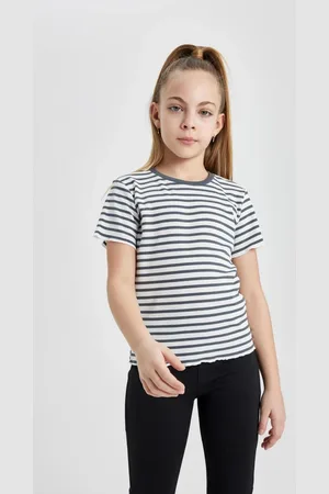 DeFacto Girl Slim Fit Crew Neck Striped Corduroy Short Sleeve T-Shirt