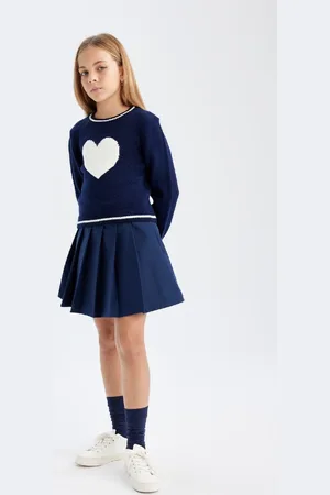 DeFacto Girl Navy Blue Pleated Waist Detailed Gabardine Skirt