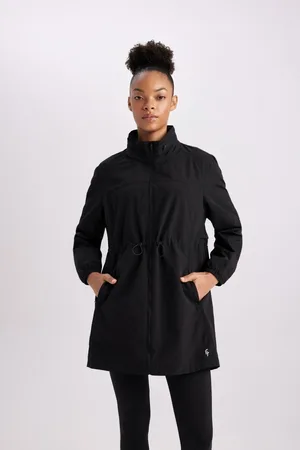 DeFacto Fit Water Repellent Thin Long Coat Slim Fit Hidden Hooded Waist Drawstring Pocket Mesh Lined Lightweight