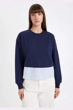DeFacto Navy Blue Relax Fit Crew Neck Basic Plain Sweatshirt