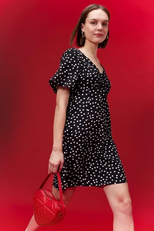 DeFacto V Neck Polka Dot Moroccan Mini Short Sleeve Dress