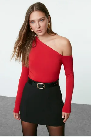 Trendyol Red Slim Snap Fastener Asymmetric Collar Stretchy Knitted Bodysuit