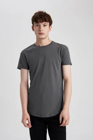 DeFacto Anthracite Long Muscle Fit Crew Neck Basic Plain Short Sleeve T-Shirt