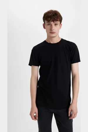 DeFacto Black Long Muscle Fit Crew Neck Basic Plain Short Sleeve T-Shirt