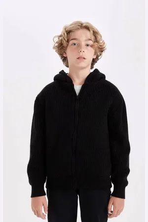 DeFacto Boy Basic Knitwear Polar Fleece Lined Hooded Zippered Black School Cardigan