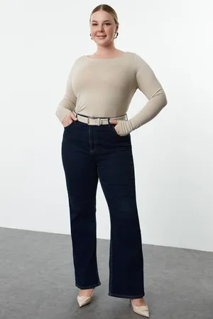 Trendyol Curve Beige 100% Cotton Body-fitting Long Sleeve Plus Size T-shirt