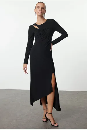 Trendyol Black Asymmetrical Collar Spanish Sleeve Knitted Chic Midi Evening Dress