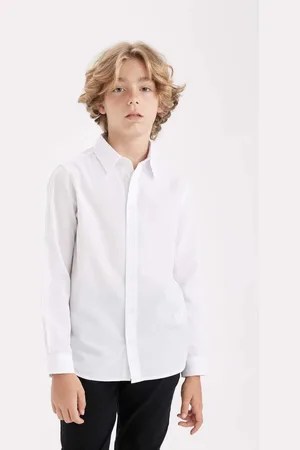DeFacto Boy Polo Collar Poplin Long Sleeve Basic Plain White School Shirt
