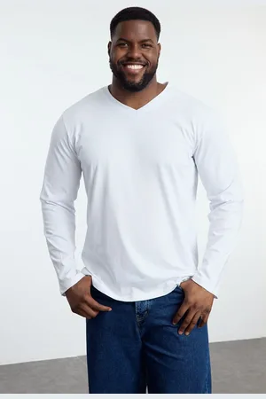 Trendyol White Plus Size Slim/Slim Cut V Neck Basic Long Sleeve T-Shirt