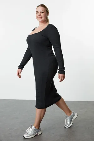 Trendyol Curve Anthracite Camisole Knitted Plus Size Dress