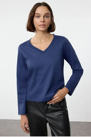Trendyol Saks 100% Cotton Regular/Normal Fit Basic V-Neck Long Sleeve Knitted T-Shirt