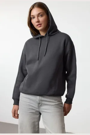 Trendyol Anthracite Oversize Thick Fleece Lined Hooded Knitted Sweatshirt