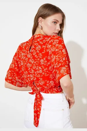 Trendyol Multi Color Crop Back Detail High Neck Chiffon Woven Blouse