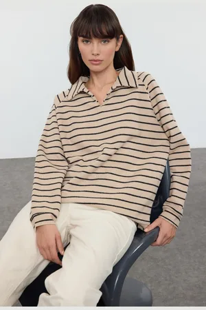 Trendyol Beige*001 Striped Oversize/Wide Pattern Thessaloniki Polo Collar Knitted Sweatshirt