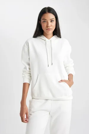 DeFacto Relax Fit Hooded Kangaroo Pocket Thick Basic Plain White Sweatshirt