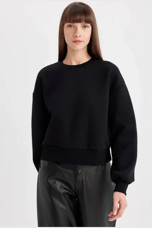 DeFacto Black Boxy Fit Crew Neck Thick Basic Plain Sweatshirt
