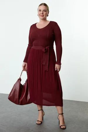 Trendyol Curve Burgundy Midi Length Skirt Pleated Woven Mix Knitwear Dress