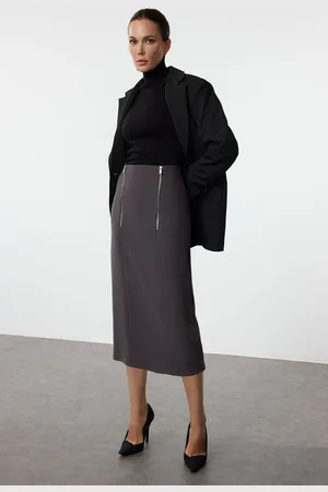 Trendyol Anthracite Front Zipper Detailed Midi Skirt