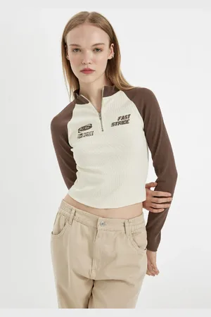 DeFacto Coool Fitted Ribbed Camisole Half Zipper Stand Collar Color Block Printed Long Sleeve T-Shirt