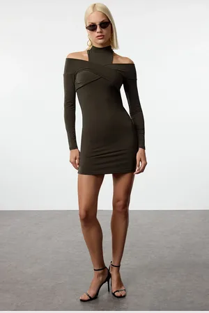 Trendyol Khaki Collar Detailed Knitted Stylish Mini Evening Dress