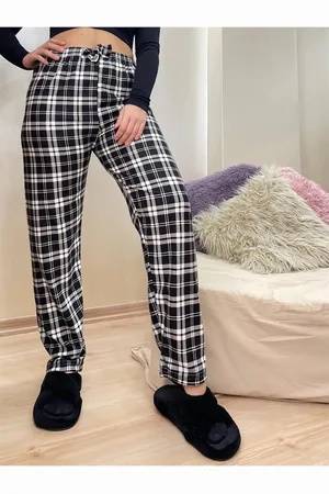 Dewberry 17947 Plaid Checkered Cotton Velvet Pyjama Bottoms-BLACK-WHITE