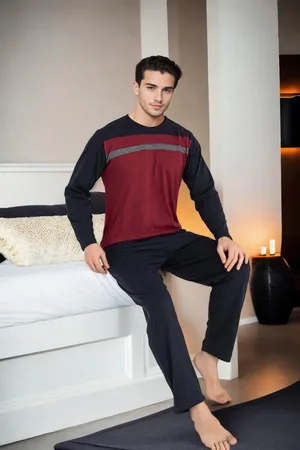 Dewberry J2452 Mens Long Sleeve Pjyama Set-BORDEAUX